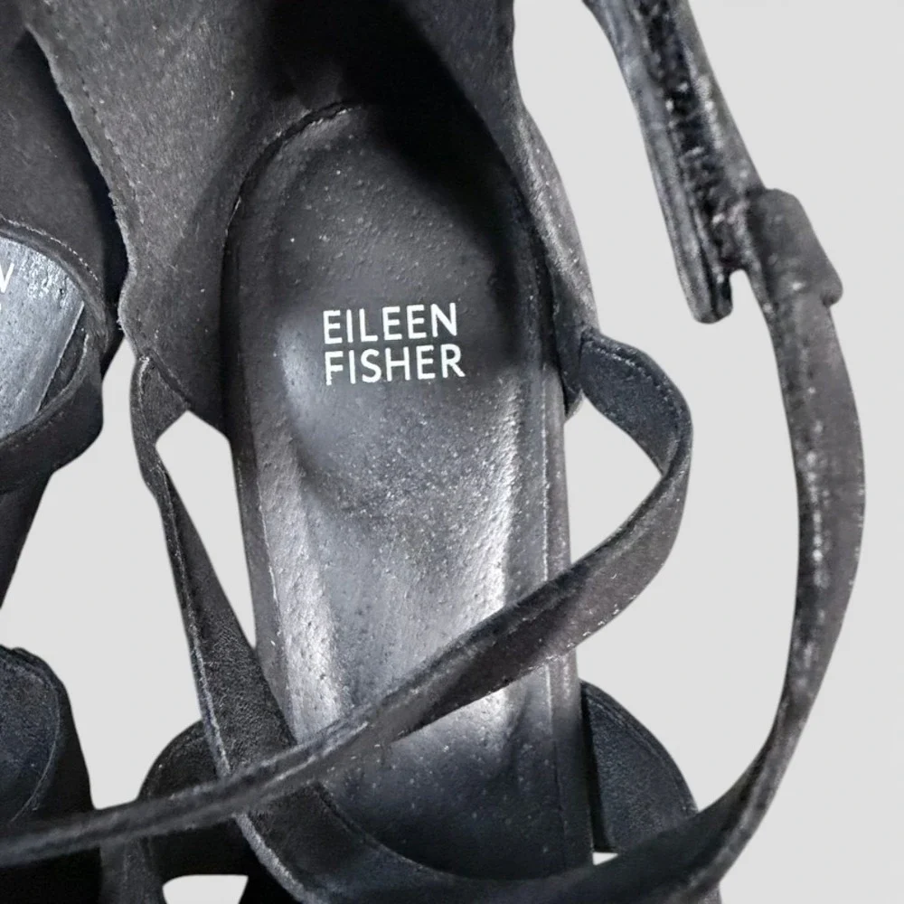 Eileen Fisher Wedge Sandals Womens 9 Black Suede Espadrille‎ Willow Strappy Zip